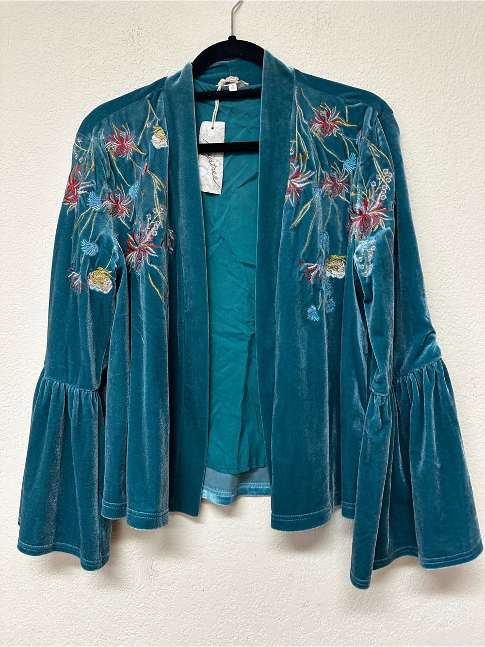 Mystree NWT Teal Velvet Embroidered Open-Front Cardigan size M